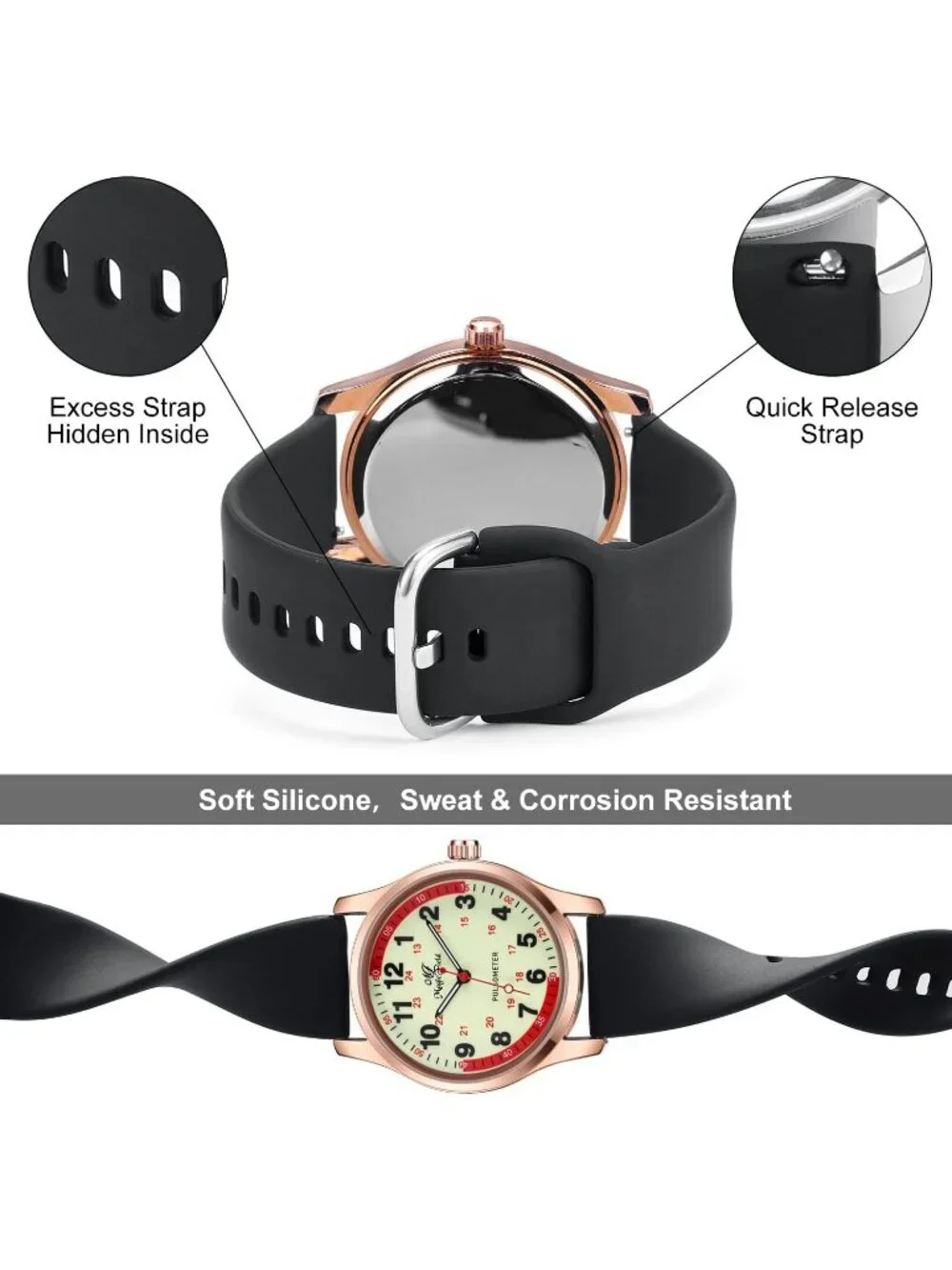 Women's Black Pink Easy to Read Military Time Waterproof Luminous Wrist Watch